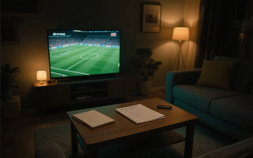 夜晚客厅观赛场景，电视播放比赛，桌上有笔记本和简洁的统计表，氛围沉浸
