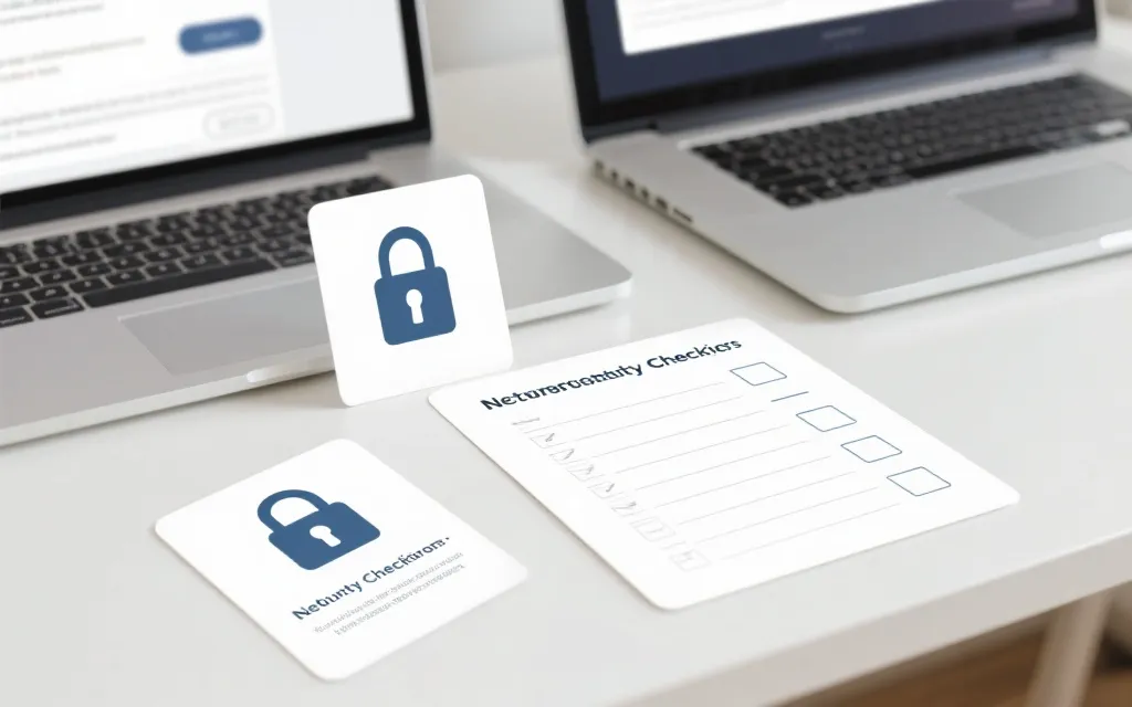 网络安全检查清单的桌面场景，简洁图形化，强调辨别与防护