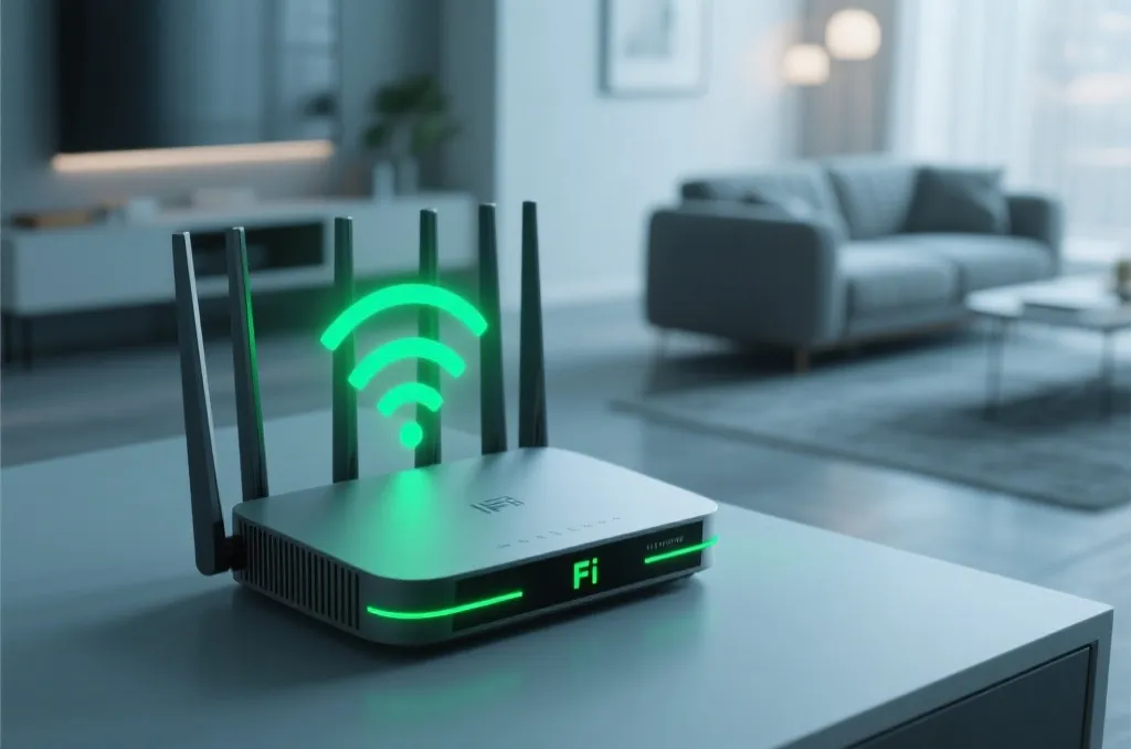 A sleek modern home router with glowing green status lights, showing strong Wi-Fi signal waves in a clean, high-tech living room environment